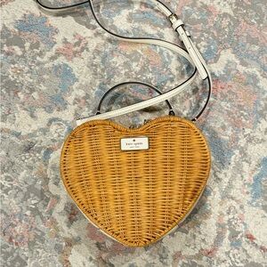 KATE SPADE Tan Heart-Shaped Wicker Bag with White Leather Trim